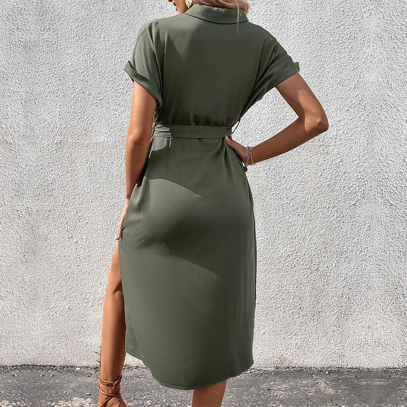 Elegante midi-jurk met knopen voor dames – vloeiend, chic en veelzijdig
